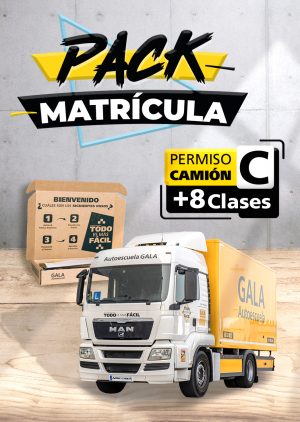 Imagen de un camión de la Autoescuela Gala con texto que dice Pack Matrícula Permiso camión C + 8 Clases