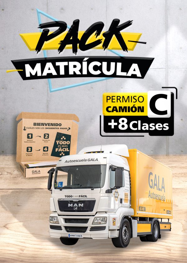 Imagen de un camión de la Autoescuela Gala con texto que dice Pack Matrícula Permiso camión C + 8 Clases