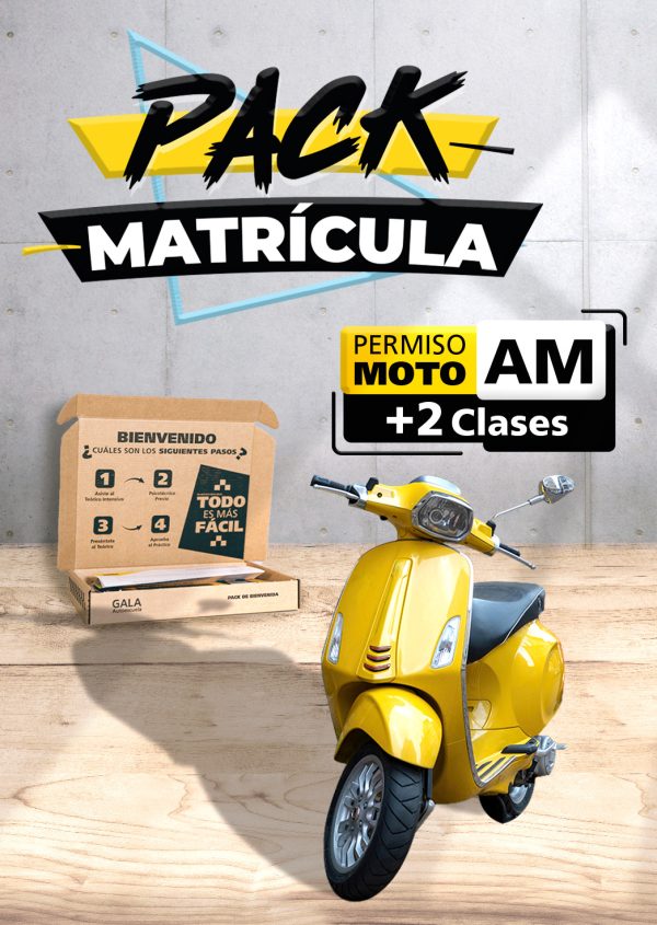 Imagen de una moto con texto que dice Pack Matrícula Permiso de moto AM + 2 Clases