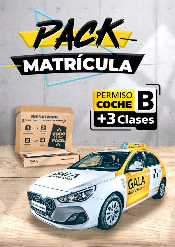 Imagen de un coche de la Autoescuela Gala con texto que dice Pack Matrícula Permiso de Coche B + 3 Clases