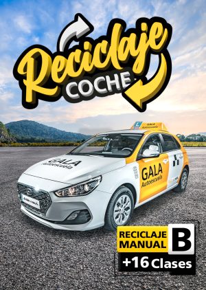 La imagen de un coche de la autoescuela Gala con un testo que dice Reciclaje de coche, Reciclaje Manual B + 16 clases