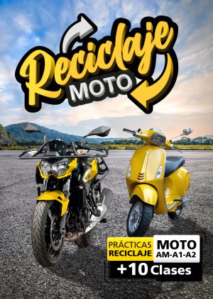 La imagen de dos motos de la autoescuela Gala con un texto que dice Reciclaje de moto, Prácticas reciclaje, moto AM, A1, A2, + 10 clases