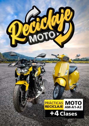 La imagen de dos motos de la autoescuela Gala con un texto que dice Reciclaje de moto, Prácticas reciclaje, moto AM, A1, A2, + 4 clases