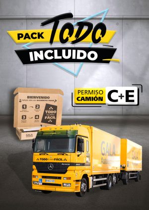 Imagen de una caja y un camión y un remolque de la Autoescuela Gala con texto que dice Pack Todo Incluido Permiso de camión C + E