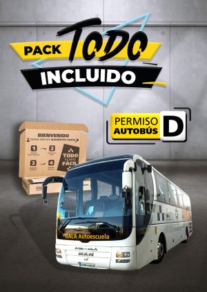 Imagen de una caja y un autobús de la Autoescuela Gala con texto que dice Pack Todo Incluido Permiso de autobús D