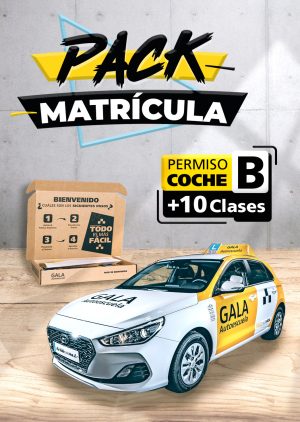 Imagen de un coche de la Autoescuela Gala con texto que dice Pack Matrícula Permiso de Coche B + 10 Clases