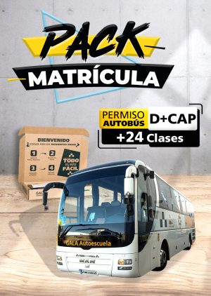 Imagen de un autobús de la Autoescuela Gala con texto que dice Pack Matrícula Permiso de autobús D + CAP + 24 Clases