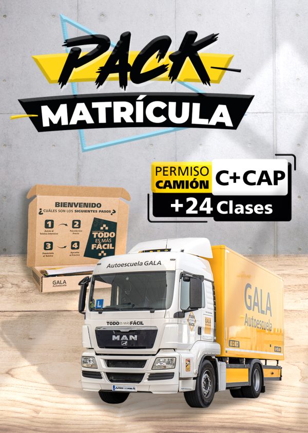 Imagen de un camión de la Autoescuela Gala con texto que dice Pack Matrícula Permiso de camión C+CAP + 24 Clases