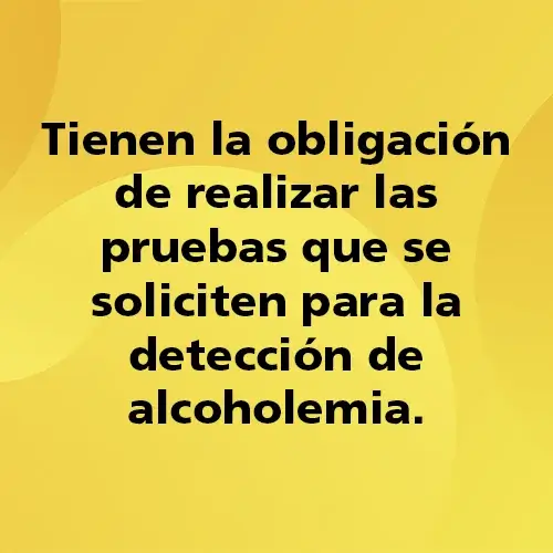 Pregunta teórica: Tienen la obligación de realizar las pruebas que se soliciten para la detección de alcoholemia. Fondo amarillo con texto negro destacando la pregunta.