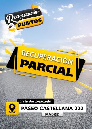 La imagen muestra una carretera, con un texto que dice: Recuperación de puntos. Y otro texto dice: Recuperación parcial. El símbolo de Ubicación con el texto que dice: En la autoescuela Paseo Castellana 222 Madrid.