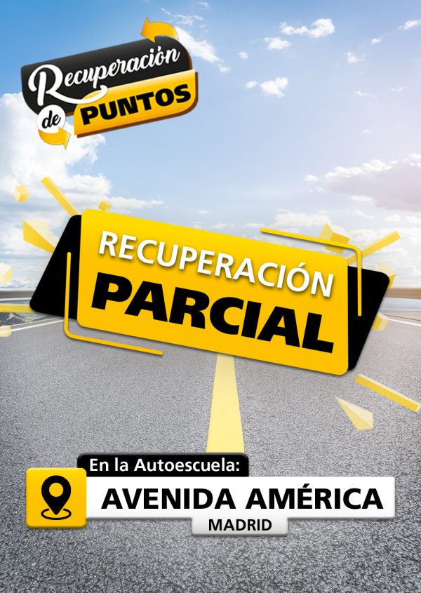 La imagen muestra una carretera, con un texto que dice: Recuperación de puntos. Y otro texto dice: Recuperación parcial. El símbolo de Ubicación con el texto que dice: En la autoescuela Avenida América Madrid.