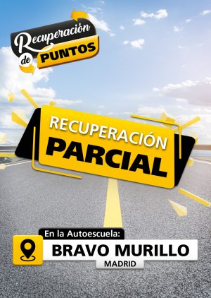 La imagen muestra una carretera, con un texto que dice: Recuperación de puntos. Y otro texto dice: Recuperación parcial. El símbolo de Ubicación con el texto que dice: En la autoescuela Bravo Murillo Madrid.