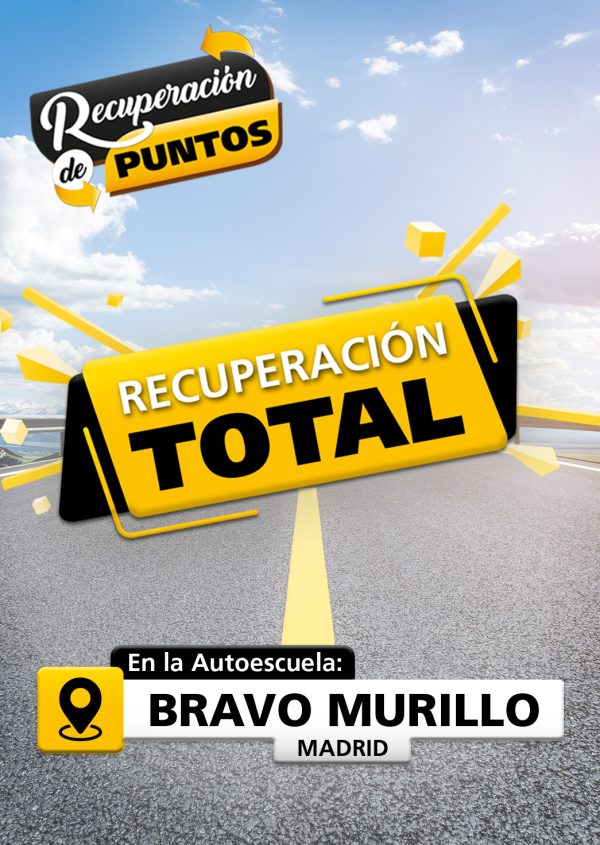 La imagen muestra una carretera, con un texto que dice: Recuperación de puntos. Y otro texto dice: Recuperación total. El símbolo de Ubicación con el texto que dice: En la autoescuela Bravo Murillo Madrid.