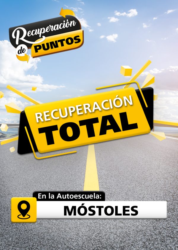 La imagen muestra una carretera, con un texto que dice: Recuperación de puntos. Y otro texto dice: Recuperación total. El símbolo de Ubicación con el texto que dice: En la autoescuela Móstoles.
