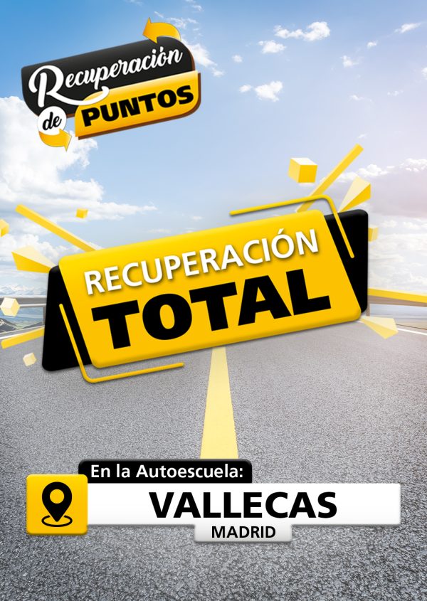 La imagen muestra una carretera, con un texto que dice: Recuperación de puntos. Y otro texto dice: Recuperación total. El símbolo de Ubicación con el texto que dice: En la autoescuela Vallecas Madrid.