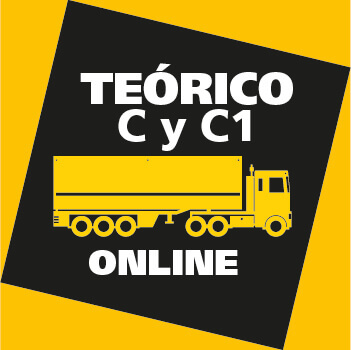 Imagen con fondo amarillo y negro que muestra un recuadro inclinado con el texto 'TEÓRICO C y C1 ONLINE' en letras blancas. Debajo del texto hay un icono amarillo de un camión, representando los cursos teóricos online para los permisos de conducción C y C1