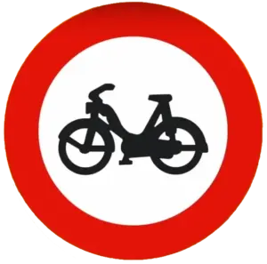 Señal de tráfico de prohibido el paso a ciclomotores – señal vertical de prohibición con borde rojo y símbolo de ciclomotor negro sobre fondo blanco.