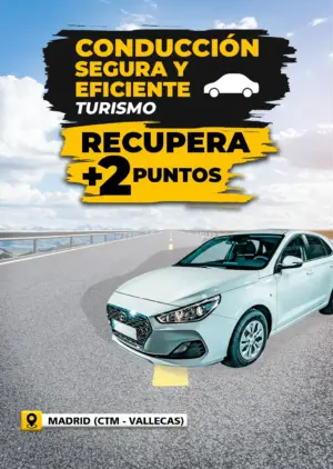 Curso de conducción segura y eficiente para turismo con recuperación de 2 puntos del carnet. Imagen de coche circulando por carretera con información del curso impartido en Madrid.