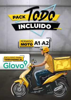 Pack Todo Incluido Permiso Moto A1-A2 exclusivo para trabajadores de Glovo. Imagen promocional de repartidor en moto con oferta especial para obtener el carnet de moto en Madrid.