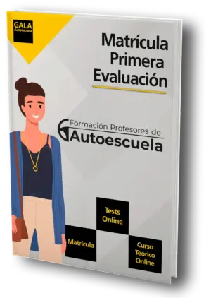 Matrícula de la Primera Evaluación para Formación de Profesores de Autoescuela. Imagen del material formativo con acceso a tests online y curso teórico online.